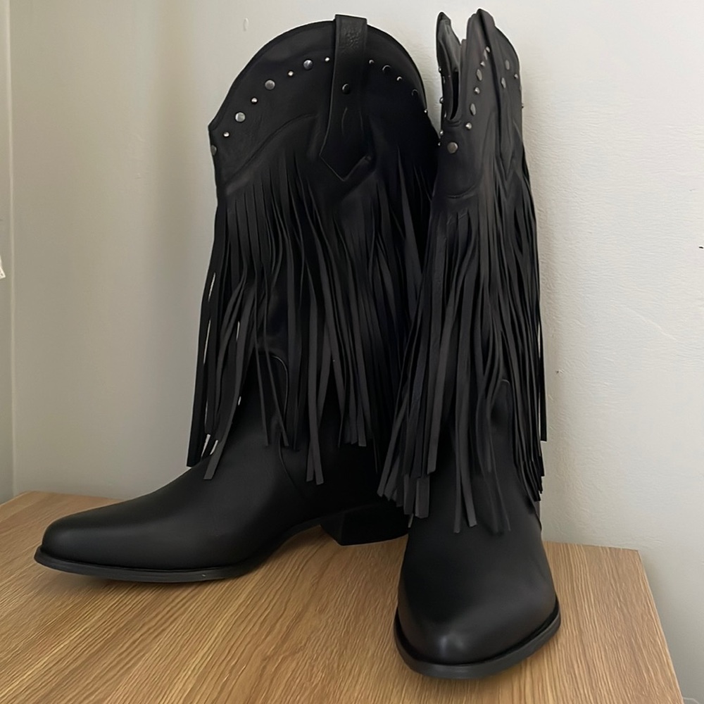 SheSole Black Women's Fringe Western Boots Wide Calf Riding Cowgirl Cowboy Boots